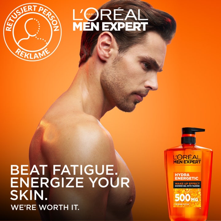 L'Oréal Paris Men Expert Hydra Energetic 1000 ml virkistävä suihkugeeli tauriinilla oranssissa pumppupullossa.