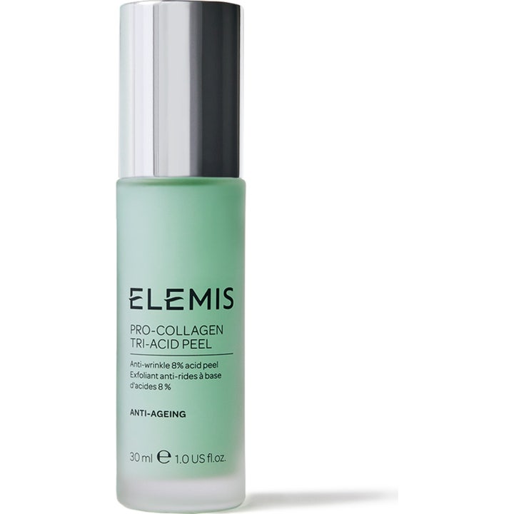 Elemis Pro-Collagen Tri-Acid Peel 30 ml silottava kuorinta-aine vaaleanvihreässä huurrelasipullossa hopeisella korkilla.