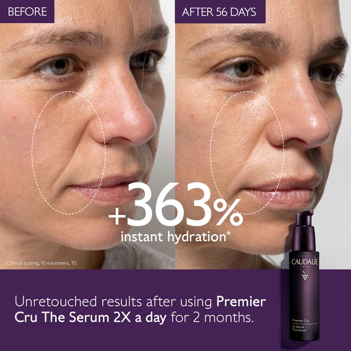 Caudalie Premier Cru The Serum 30 ml kosteuttava seerumi ennen ja jälkeen kuvina silottaen juonteita.
