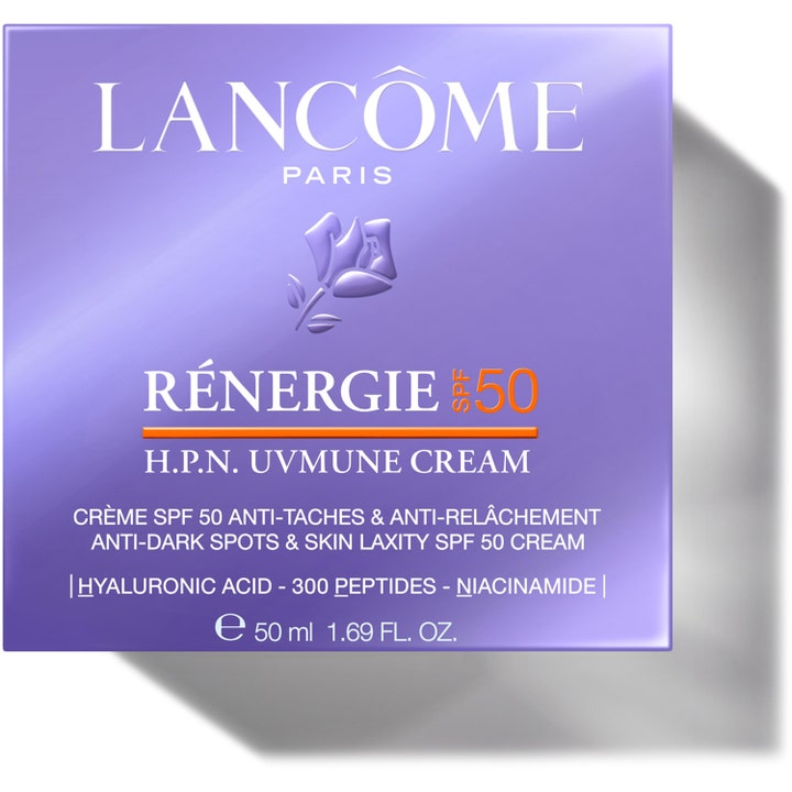 Lancôme Rénergie H.P.N. UVMUNE Cream 50 ml kiinteyttävä päivävoide SPF 50 hyaluronihapolla lila pakkaus