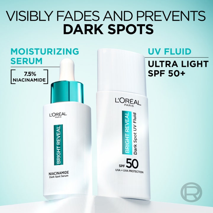 L'Oréal Paris Bright Reveal Niacinamide Dark Spot UV Serum 30 ml ja SPF 50+ voide vähentävät pigmenttiläiskiä.