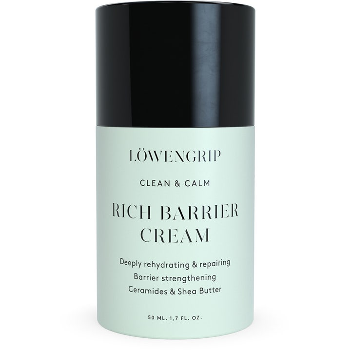 Löwengrip Clean & Calm Rich Barrier Cream 50 ml suojakerrosta vahvistava kasvovoide vaaleanvihreässä pakkauksessa mustalla korkilla.