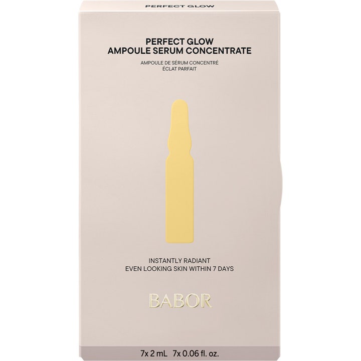 Babor Ampoule Concentrates Perfect Glow 14 ml heleyttävä seerumi vaaleassa pakkauksessa keltaisella ampullikuviolla