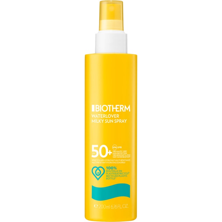 Biotherm Waterlover Milky Sun Spray 200 ml korkean suojan antava aurinkosuihku keltaisessa pullossa valkoisella pumpulla.