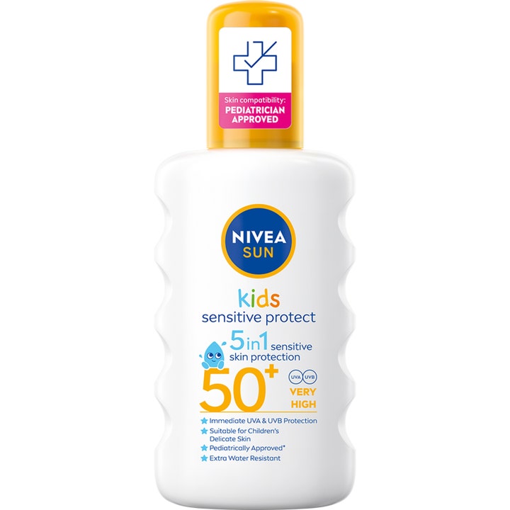 Nivea Sun Kids Sensitive Protect 200 ml aurinkosuojasuihke SPF 50+ valkoisessa pullossa jossa on keltainen korkki