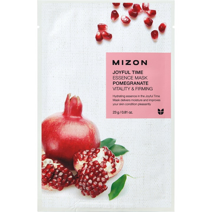 Mizon Joyful Time Essence Mask Pomegranate 23 g kangasnaamio elvyttää ihoa granaattiomenan ja siementen kuvalla.