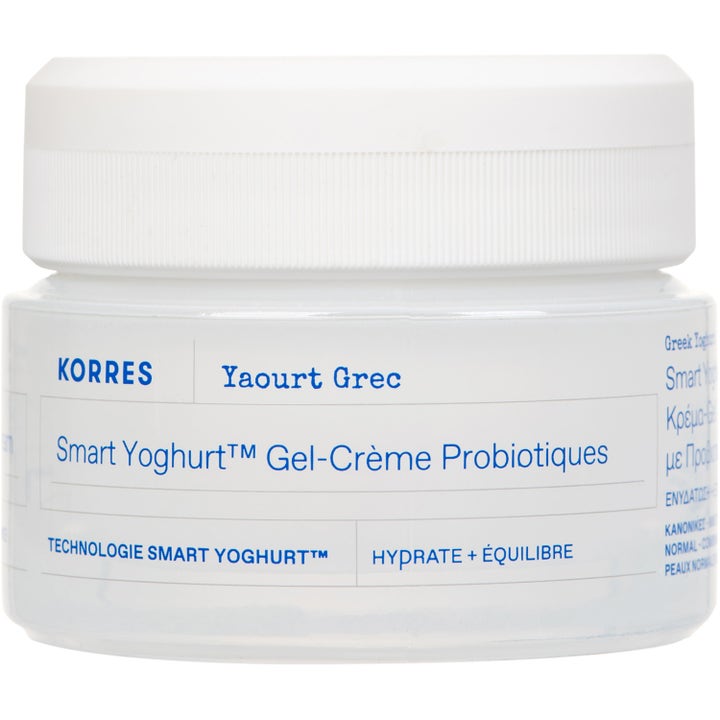 Korres Greek Yoghurt 40ml kosteuttava ja tasapainottava probioottinen geelivoide valkoisessa purkissa.