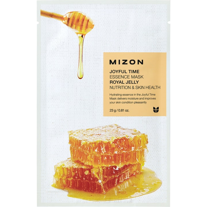 Mizon Joyful Time Essence Mask Royal Jelly 23 g ravitseva kangasnaamio, jossa on hunajakennoja ja hunajalusikka.
