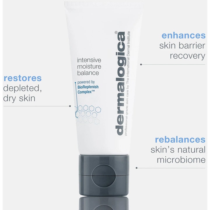 Dermalogica Intensive Moisture Balance 100 ml päivävoide valkoisessa tuubissa palauttaa kuivan ihon kosteustasapainon.