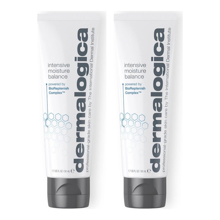 Dermalogica Intensive Moisture Balance 50 ml syväkosteuttava kasvovoide kaksi valkoista tuubia harmailla korkeilla