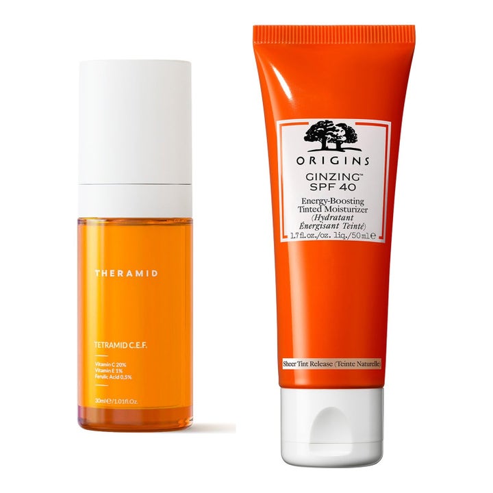 Theramid Tetramid C.E.F 30ml kirkastava seerumi ja Origins Ginzing 50ml sävyttävä voide oranssissa pullossa ja tuubissa