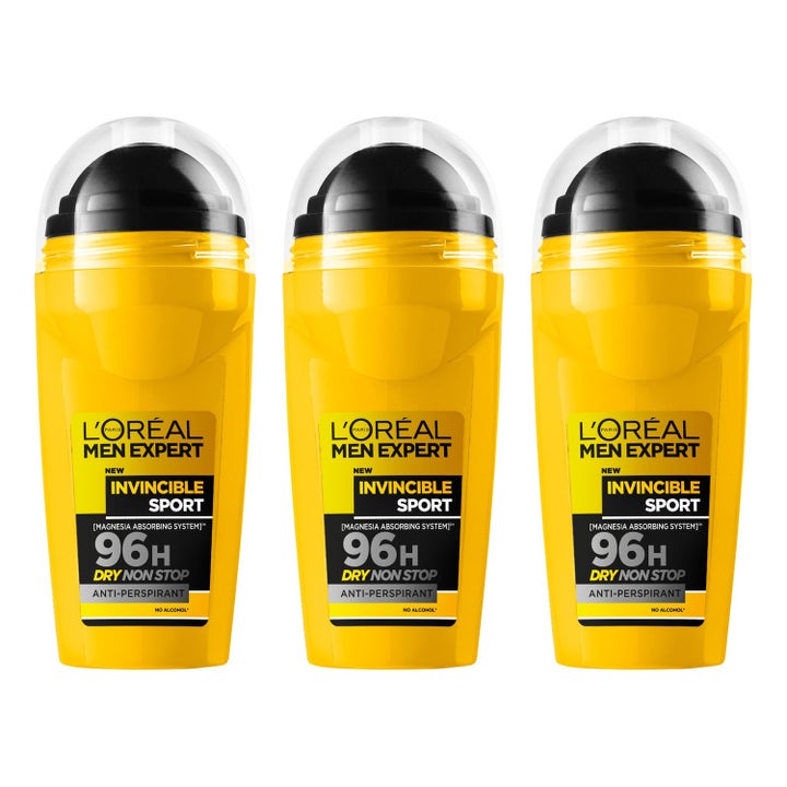 L'Oréal Men Expert Invincible Sport 3-pack 96h suojaa antava antiperspirantti keltaisissa roll-on-pulloissa
