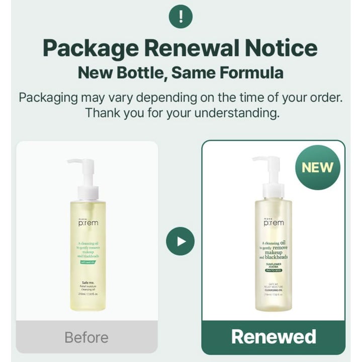 Make Prem Safe Me. Relief Moisture Cleansing Oil 210 ml kosteuttava puhdistusöljy kirkas ja kellertävä öljypisara