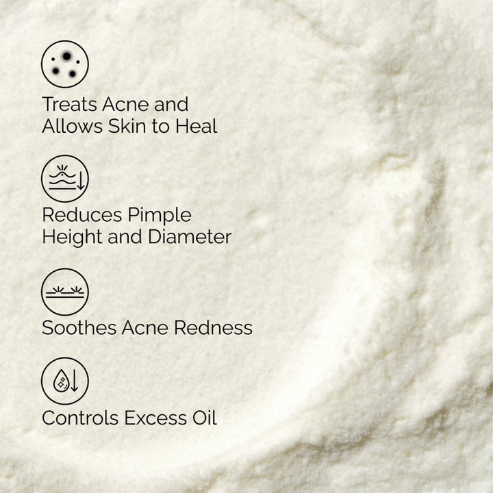 The Ordinary Sulfur 10% Powder-To-Cream Concentrate 5 g hoitaa aknea. Kuvassa valkoinen jauhe ja ihohyötyjä kuvaavia ikoneita.