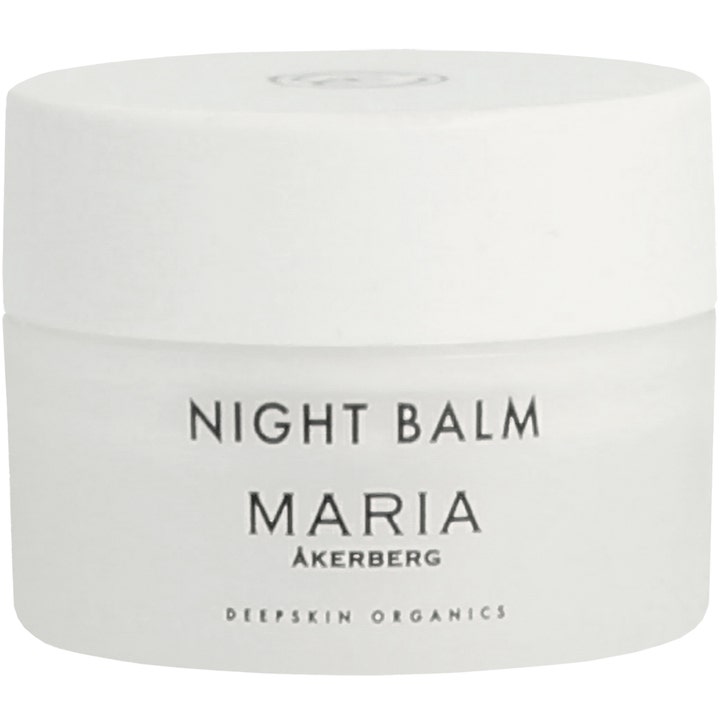 Maria Åkerberg Night Balm ravitseva yövoide valkoisessa purkissa, jossa on valkoinen kansi ja mustaa tekstiä.