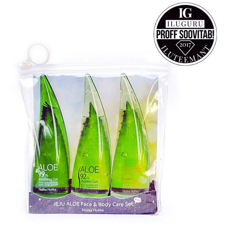 Holika Holika Jeju Aloe Face & Body Care Set 3 kpl kosteuttava setti vihreissä aloe-lehden muotoisissa pulloissa
