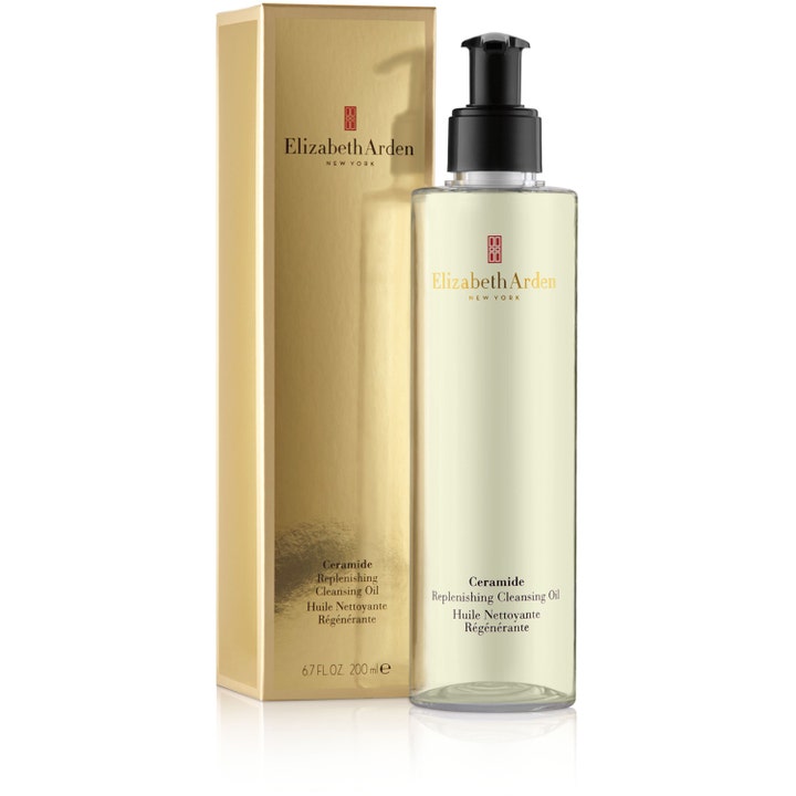 Elizabeth Arden Replenishing Cleansing Oil 200 ml puhdistusöljy kultaisessa pakkauksessa ja pumppupullossa.
