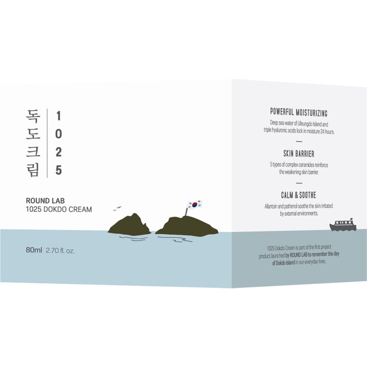 Round Lab 1025 Dokdo Cream 80 ml kosteuttava kasvovoide valkoisessa pakkauksessa, joka vahvistaa ihon suojakerrosta.