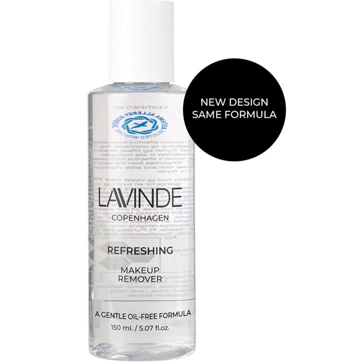 Lavinde Copenhagen Refreshing Eye Makeup Remover 150 ml öljytön silmämeikinpoistoaine kirkkaassa pullossa.