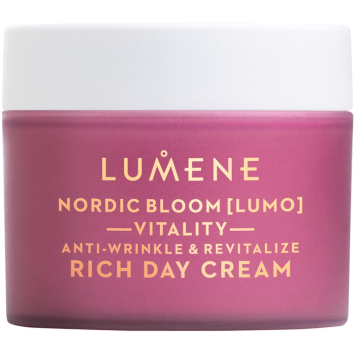 Lumene Nordic Bloom Vitality Rich Day Cream ryppyjä silottava päivävoide purppuranvärisessä huurteisessa lasipurkissa.