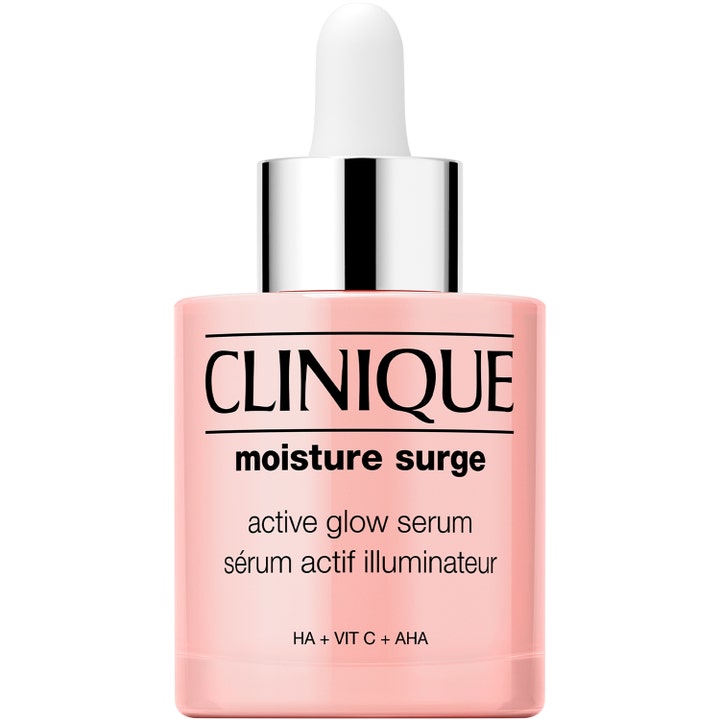 Clinique Moisture Surge Active Glow Serum heleyttävä seerumi vaaleanpunaisessa pullossa, jossa on hopeinen korkki.