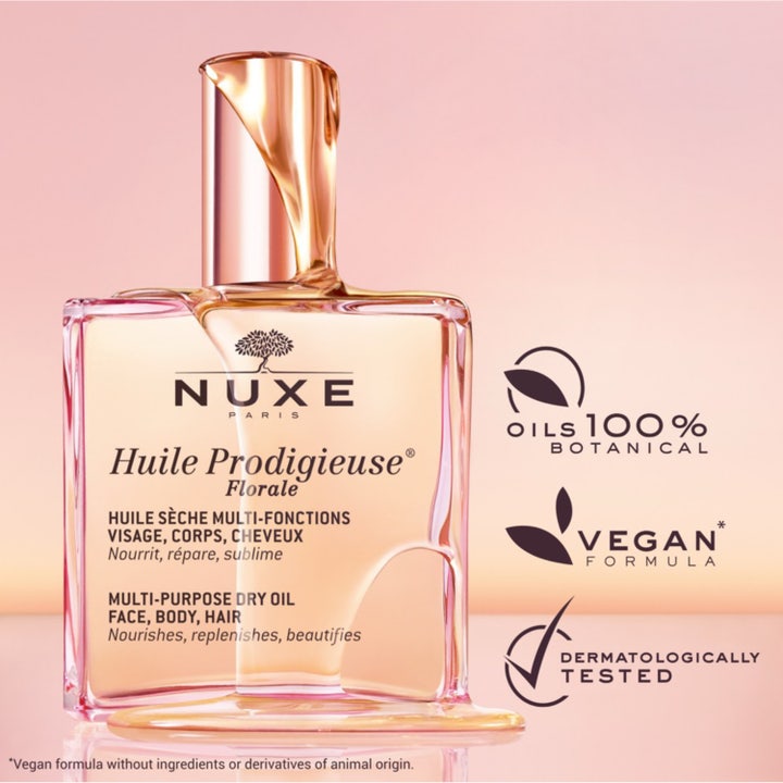 Nuxe Huile Prodigieuse Florale 100 ml ravitseva kuivaöljy vaaleanpunaisessa lasipullossa jossa on ruusukultainen korkki