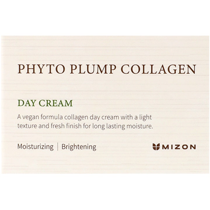 Mizon Phyto Plump Collagen Day Cream 50 ml kosteuttava vegaaninen päivävoide vaaleassa pahvipakkauksessa.
