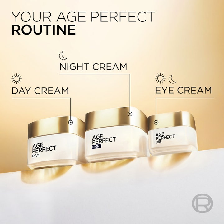 L'Oréal Paris Age Perfect Night Cream 50 ml kiinteyttävä yövoide varttuneelle iholle mallin kasvoilla.