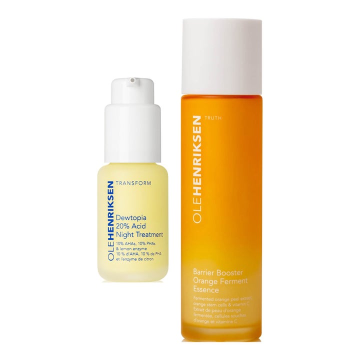 Ole Henriksen Dewtopia ja Barrier Booster Essence kirkastava setti huurteisissa keltaisissa ja oransseissa lasipulloissa