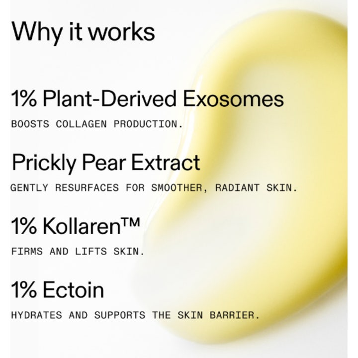 The INKEY List Exosome Hydro-Glow Complex 30 ml seerumi ja kellertävä koostumus tekstillä Why it works.