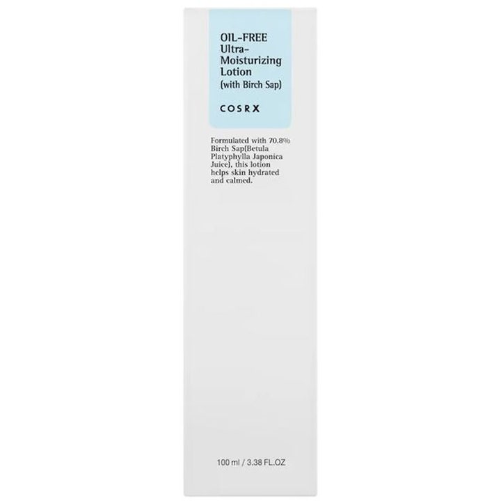 COSRX Oil Free Ultra Moisturizing Lotion 100 ml rauhoittava kosteusemulsio valkoisessa pahvipakkauksessa.