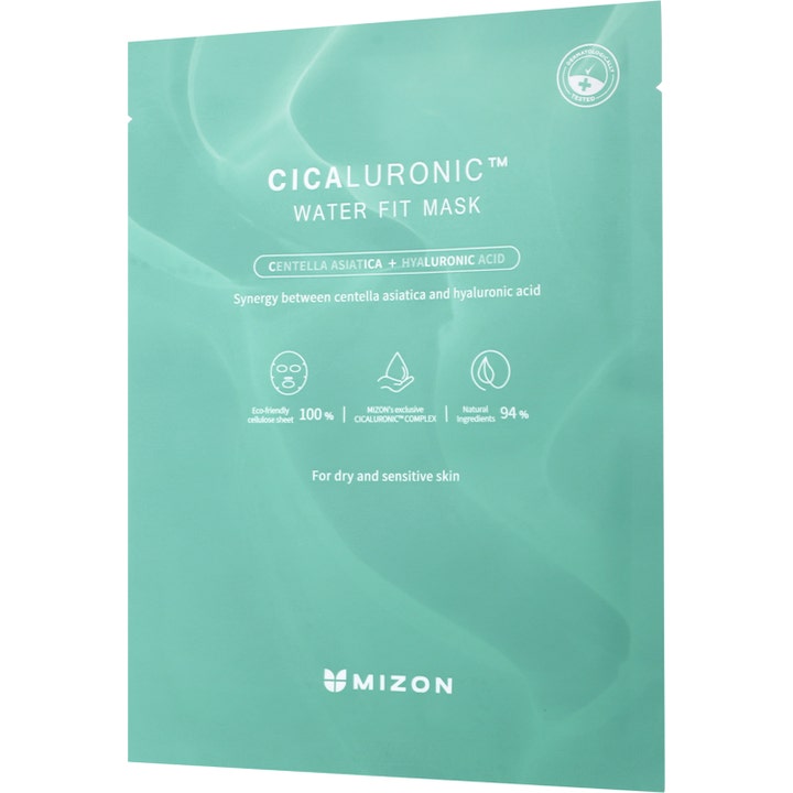 Mizon Cicaluronic Water Fit Mask 24 g rauhoittava kangasnaamio vihreässä pakkauksessa centella asiaticalla.