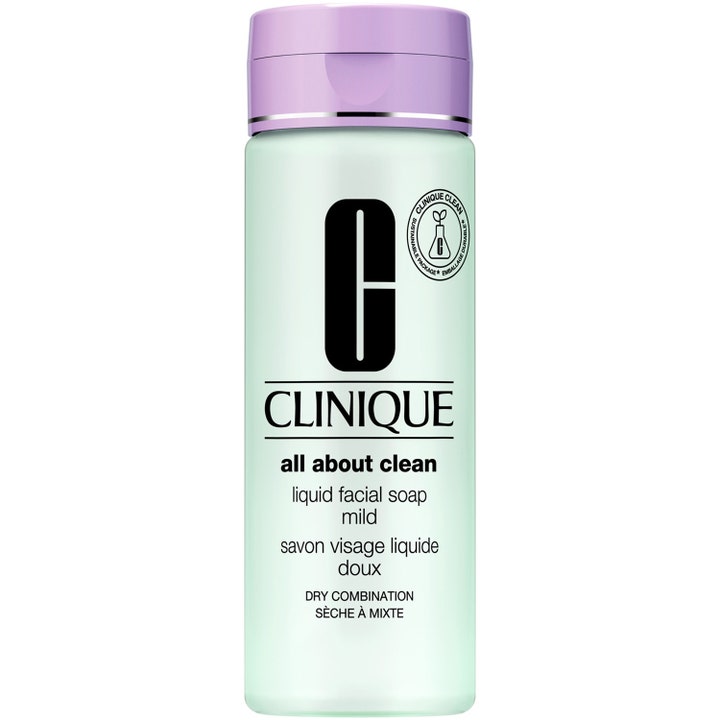 Clinique All About Clean Liquid Facial Soap Mild puhdistusgeeli kuivalle iholle vaaleanvihreässä pullossa liilalla korkilla