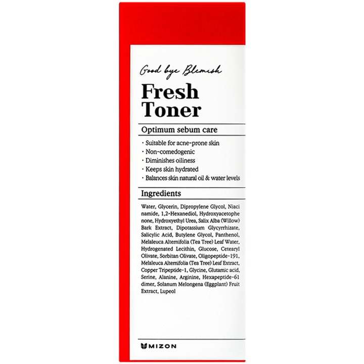 Mizon Good Bye Blemish Fresh Toner 120 ml tasapainottava kasvovesi punavalkoisessa pakkauksessa ainesosaluettelolla