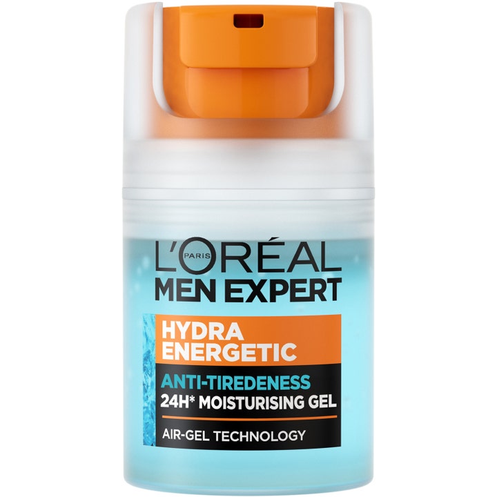 L'Oréal Men Expert Hydra Energetic 50 ml virkistävä kasvogeeli läpinäkyvässä pumppupullossa jossa on oranssi korkki