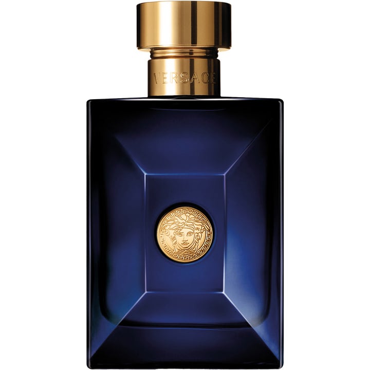 Versace Dylan Blue Pour Homme miesten tuoksu tyylikkäässä tummansinisessä pullossa kultaisilla yksityiskohdilla.