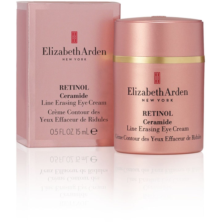 Elizabeth Arden Retinol Ceramide Eye Cream 15 ml silottava silmänympärysvoide vaaleanpunaisessa purkissa ja rasiassa.