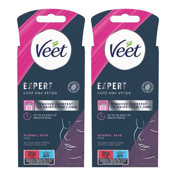 Veet Expert Cold Wax Strips 16 kpl silottavat kylmävahaliuskat kasvoille kaksi tummansinistä pakkausta vierekkäin