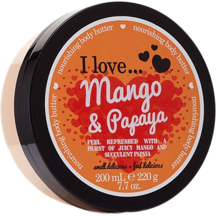 I Love... Mango & Papaya 200 ml ravitseva vartalovoi oranssissa purkissa, jonka kannessa on sydänkuvioita.