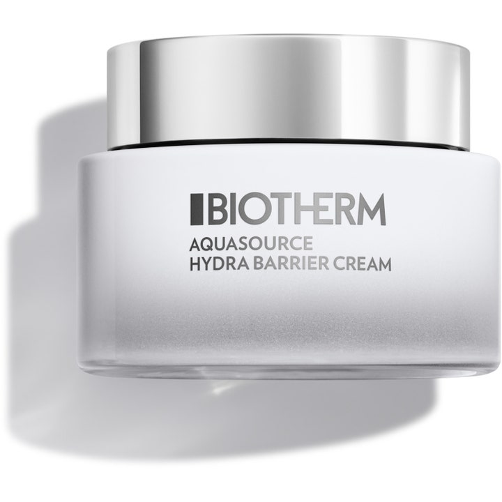 Biotherm Aquasource Hydra Barrier Cream 50ml kosteuttava kasvovoide valkoisessa huurteisessa lasipurkissa hopeisella korkilla
