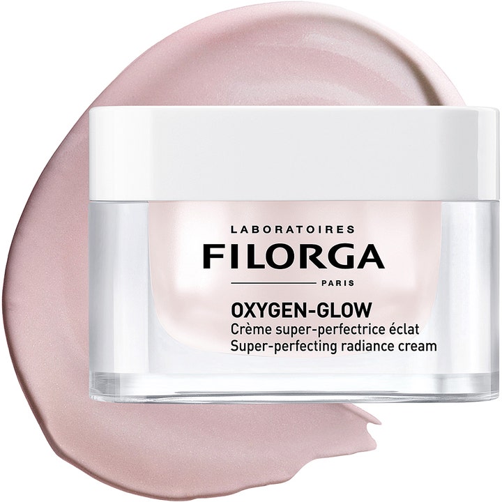 Filorga Oxygen-Glow Cream 50 ml heleyttävä päivävoide lasipurkissa vaaleanpunaisella koostumuksella