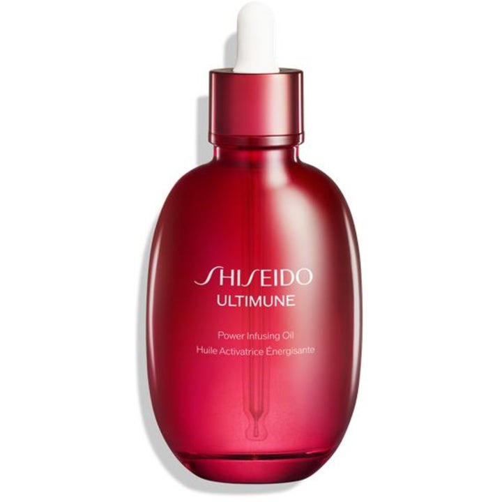 Shiseido Ultimune Power Infusing Oil 15 ml elvyttävä kasvoöljy punaisessa lasipullossa valkoisella pipetillä