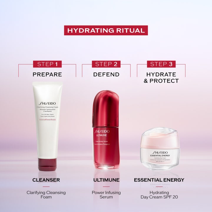 Shiseido Essential Energy Hydrating Day Cream 50 ml kosteuttava päivävoide osana kolmivaiheista ihonhoitorutiinia.