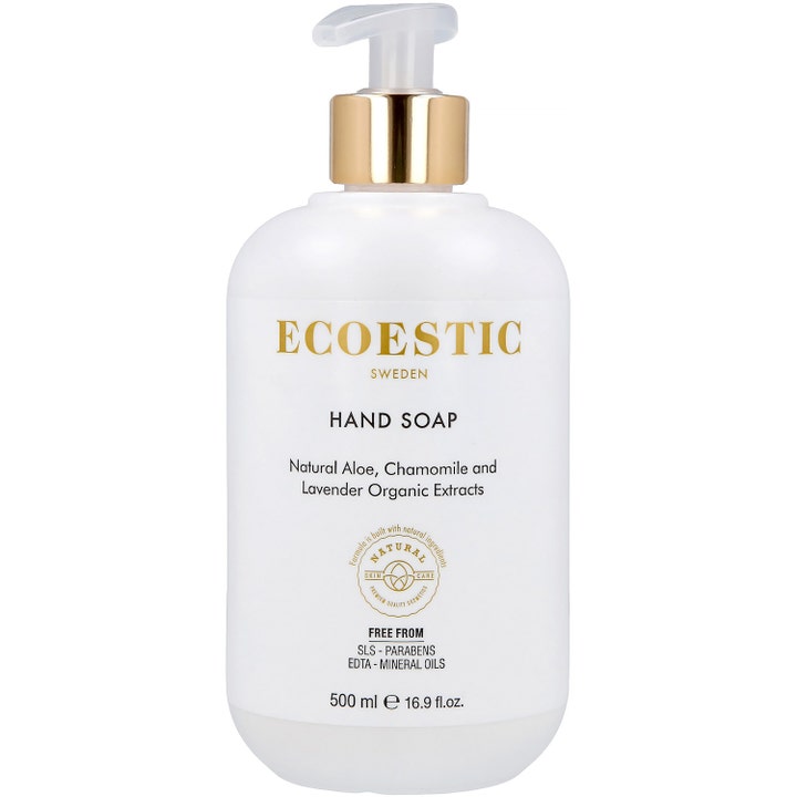 Ecoestic Hand Soap 500 ml rauhoittava käsisaippua valkoisessa pumppupullossa jossa on tyylikäs kultainen kaulus