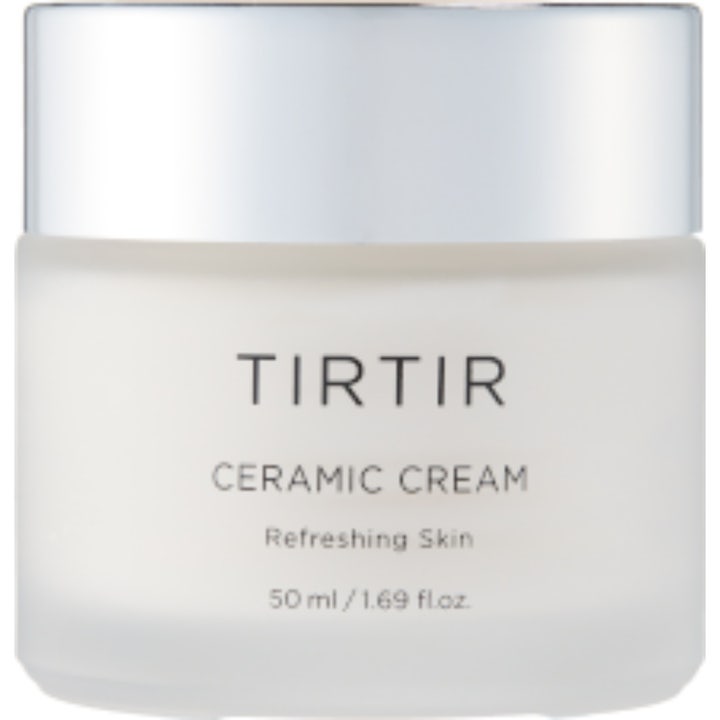 TIRTIR Ceramic Cream 50 ml kosteuttava kasvovoide huurteisessa lasipurkissa hopeisella kannella.