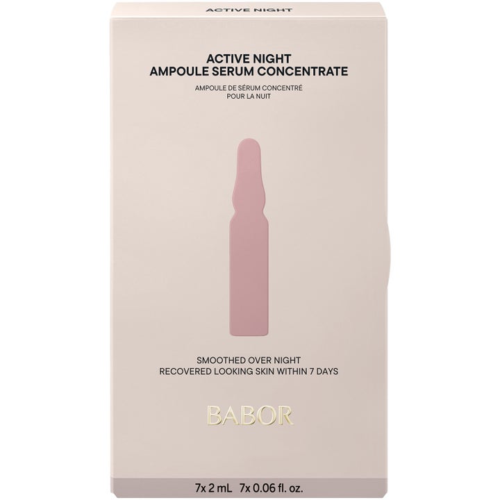 Babor Active Night Ampoule Serum Concentrate 14 ml silottava yöseerumi beigessä pakkauksessa, jossa on ampullin siluetti.