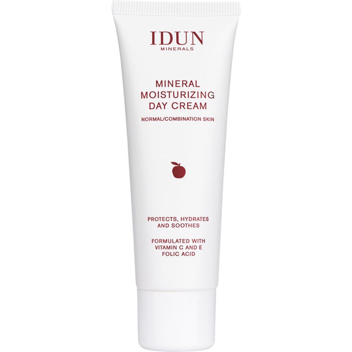 IDUN Minerals Mineral Moisturizing Day Cream 50 ml kosteuttava päivävoide suojaa ihoa valkoisessa tuubissa punaisella logolla.