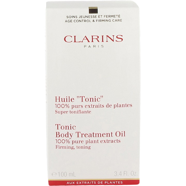 Clarins Tonic Body Treatment Oil 100 ml kiinteyttävä vartaloöljy valkoisessa pahvisessa ulkopakkauksessa.