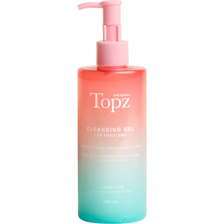 Topz Original Cleansing Gel 300 ml niasiiniamidia sisältävä puhdistusgeeli vaaleanpunaisesta turkoosiin liukuvassa pullossa.