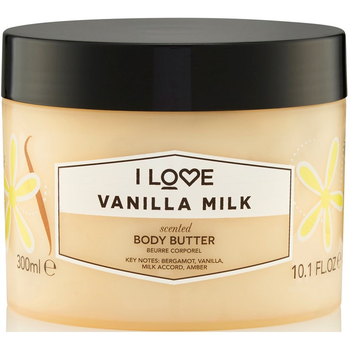 I Love... Vanilla Milk 300 ml kosteuttava vartalovoi vaaleankeltaisessa muovipurkissa mustalla kannella